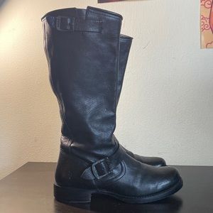 Frye Women Size 9 Black Leather Biker Riding Tall Boots Buckles
